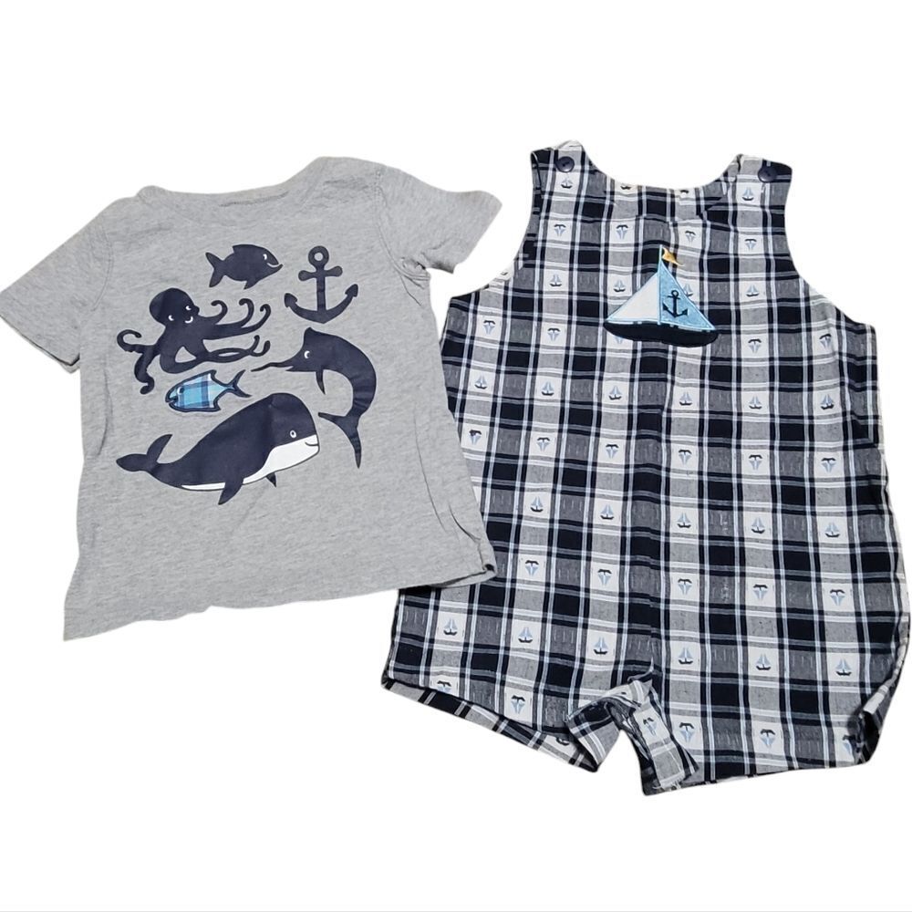 Boys plaid blue romper with boat embroidery
